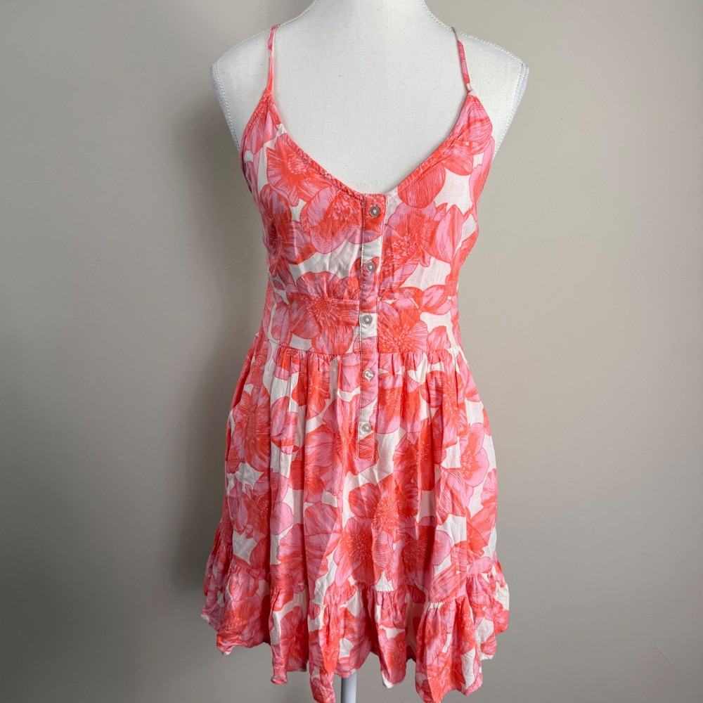 XIX Palms Women Pink Floral Button Front Mini Dress Open Back Size M Sundress